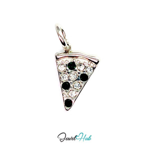 Pizza slice charm in silver stainless steel set with clear and dark green crystals - front view - JewelHub