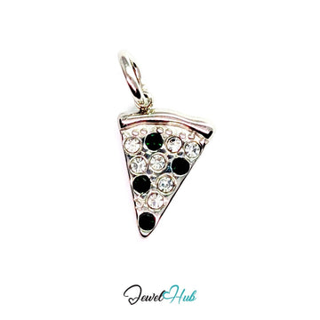 Pizza slice charm in silver stainless steel set with clear and dark green crystals - front view - JewelHub