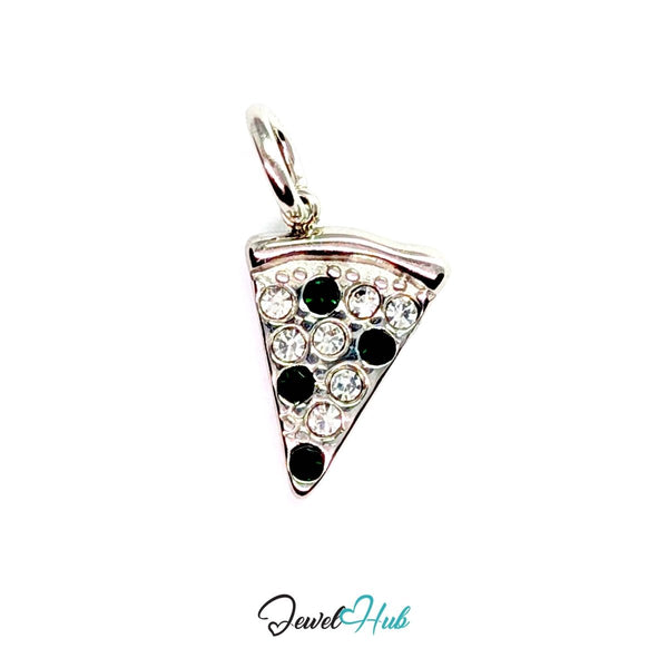 Pizza slice charm in silver stainless steel set with clear and dark green crystals - front view - JewelHub