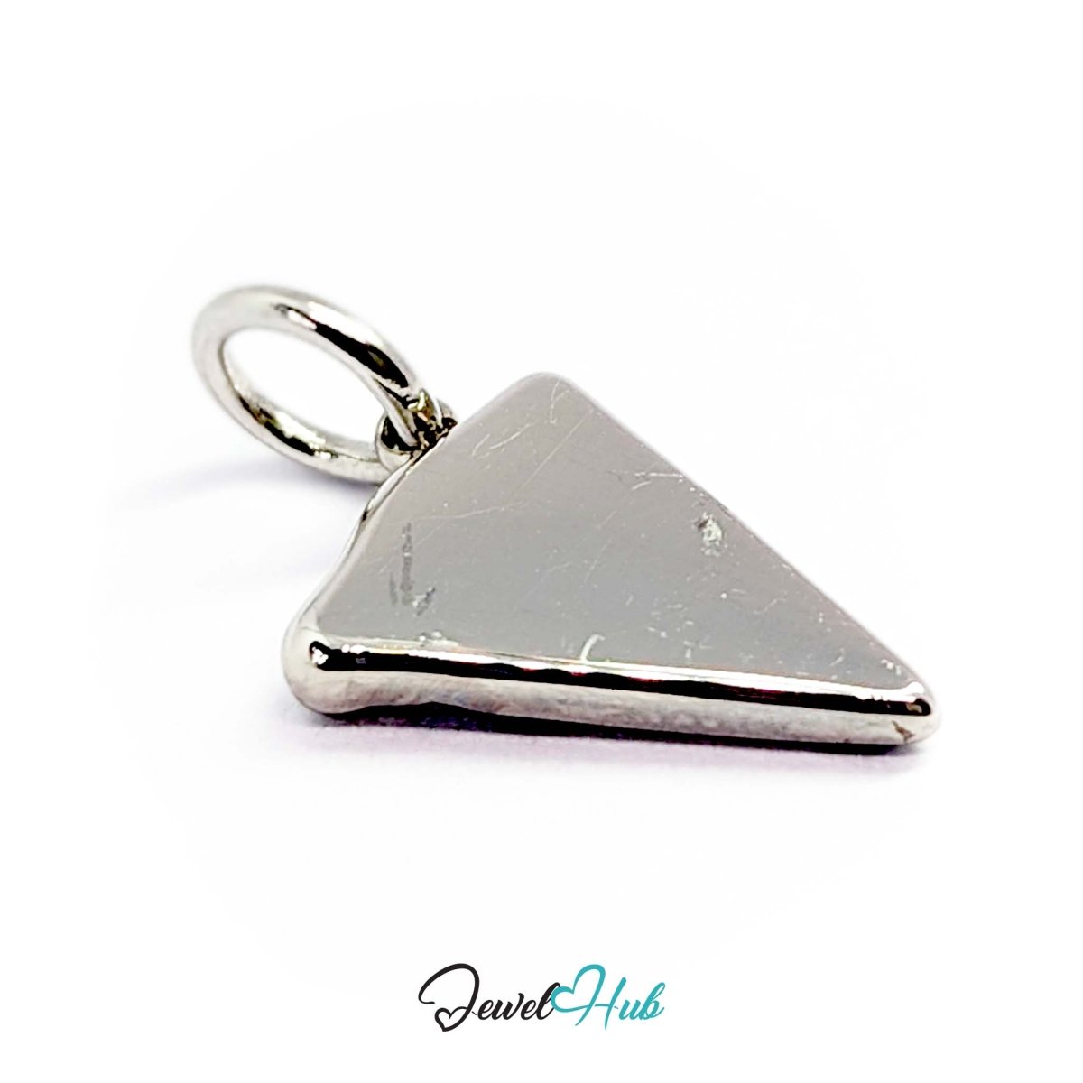 Pizza slice charm in silver stainless steel set with clear and dark green crystals - seen from the side - JewelHub