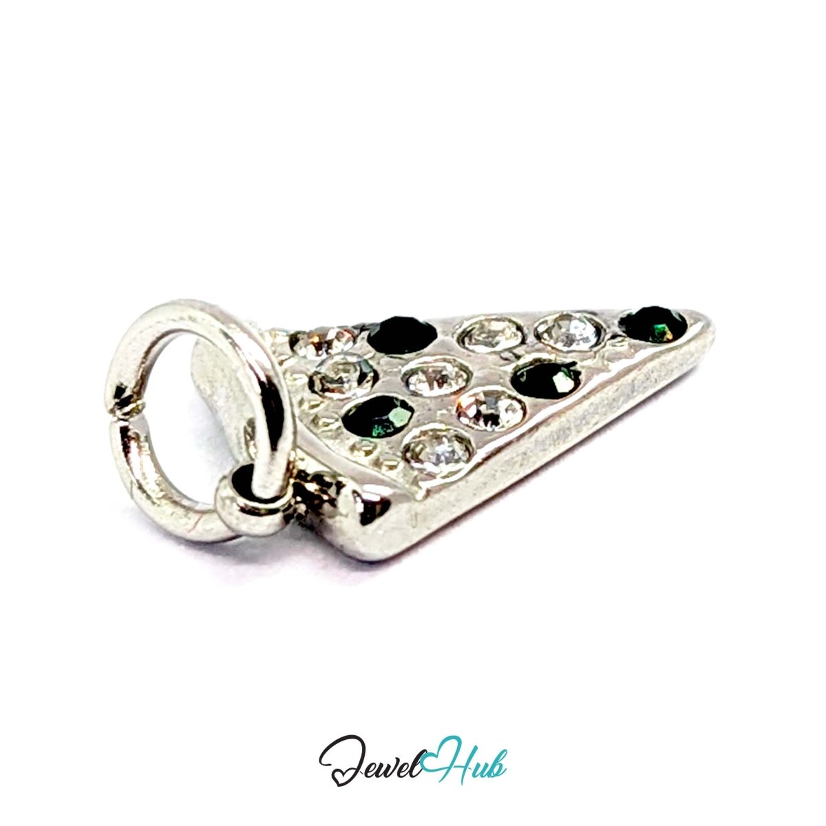 Pizza slice charm in silver stainless steel set with clear and dark green crystals - angled view - JewelHub