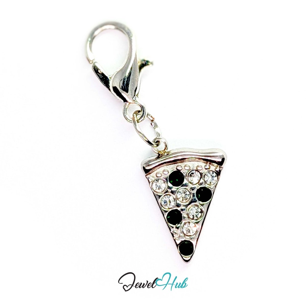 Pizza slice charm in silver stainless steel set with clear and dark green crystals - shown with the lobster clasp attached - JewelHub