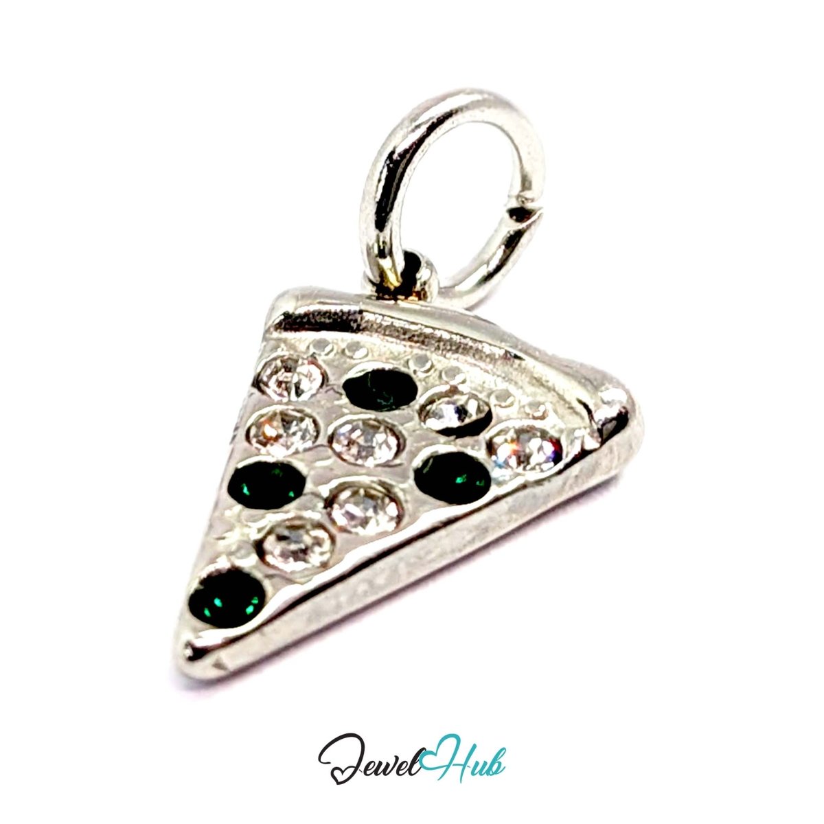 Pizza slice charm in silver stainless steel set with clear and dark green crystals - three-quarter view - JewelHub