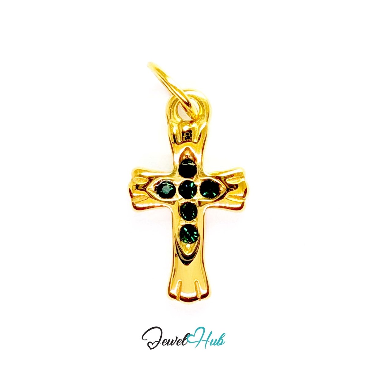 Small cross charm in gold stainless steel with six green stones - front view - JewelHub