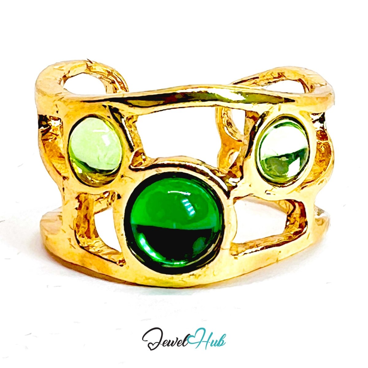 Green Gem Crown Gold Ring – Triple Stone Openwork Statement M - O - JewelHub.co.uk