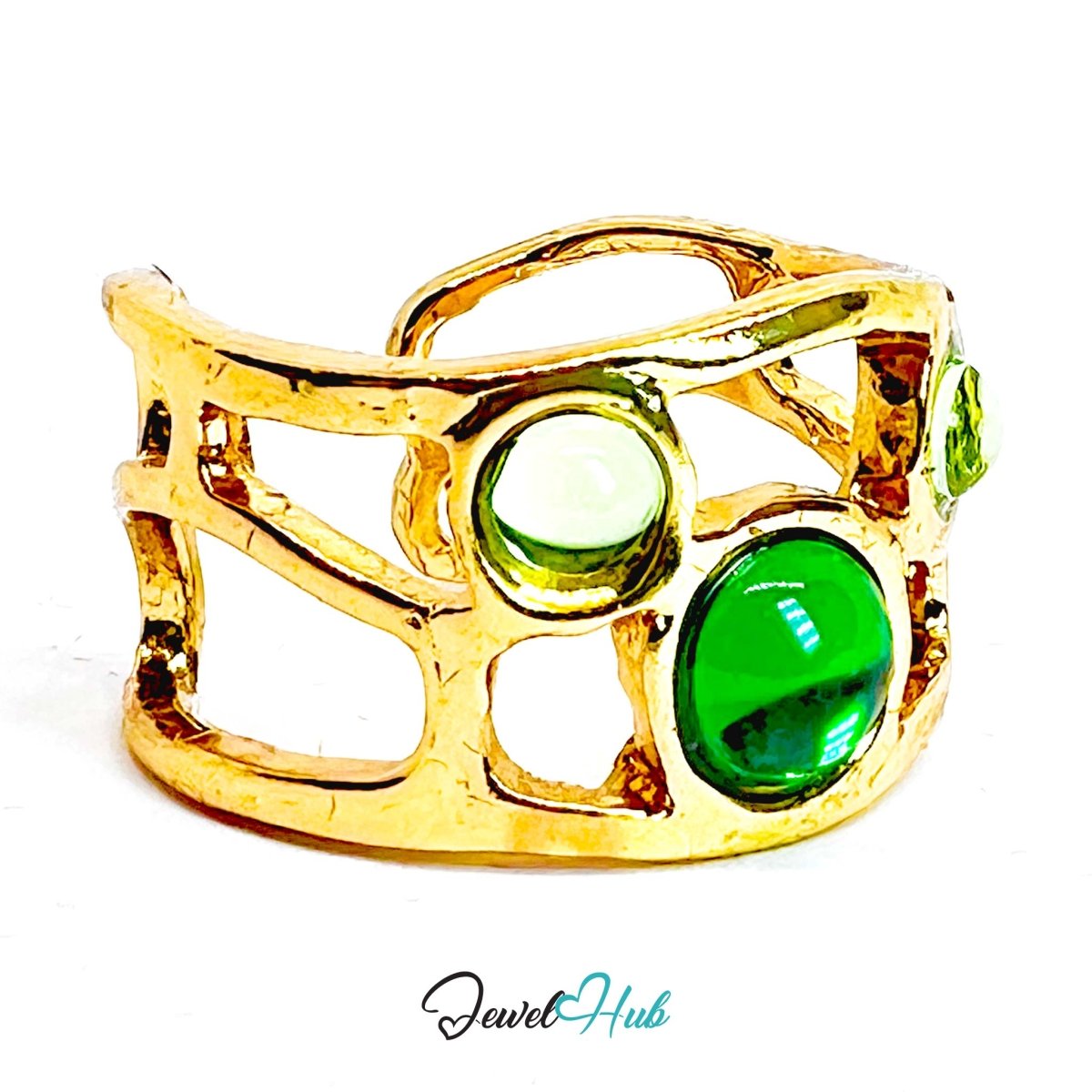 Green Gem Crown Gold Ring – Triple Stone Openwork Statement M - O - JewelHub.co.uk