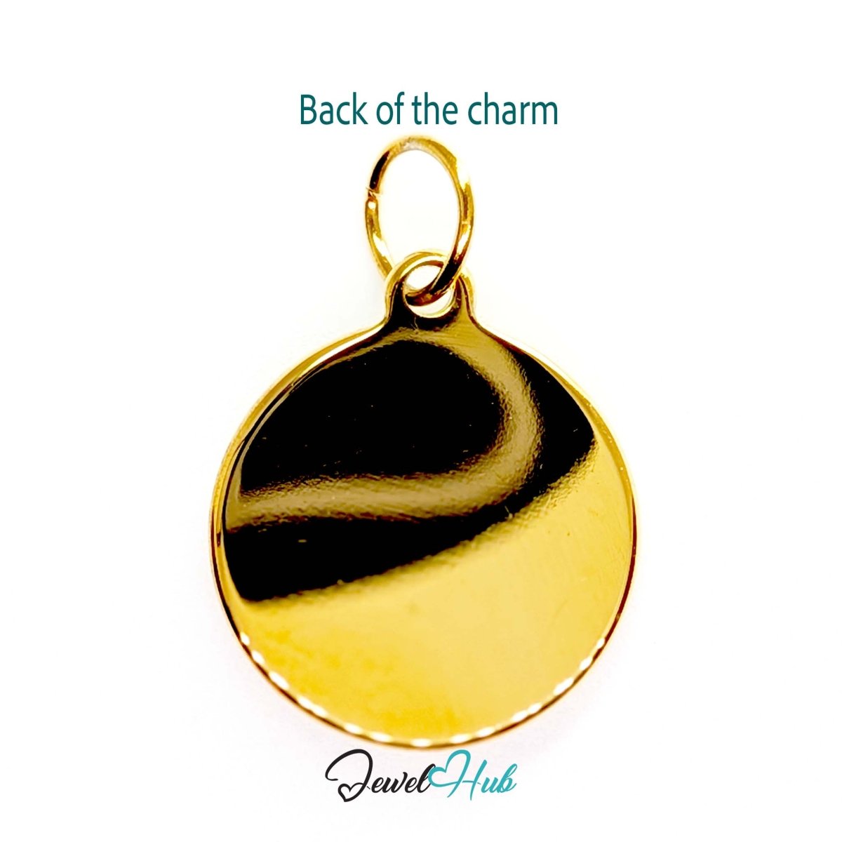 Hammered disc charm in gold stainless steel with a green stone - reverse - JewelHub