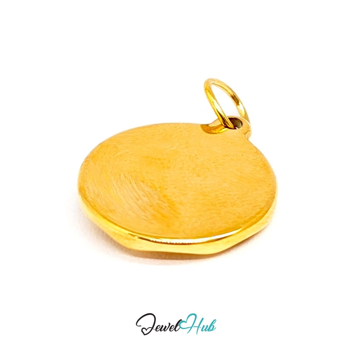 Hammered disc charm in gold stainless steel with a green stone - turned to show depth - JewelHub