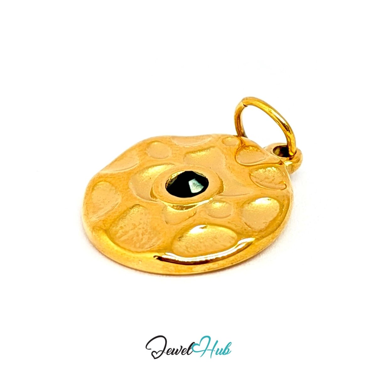 Hammered disc charm in gold stainless steel with a green stone - angled view - JewelHub