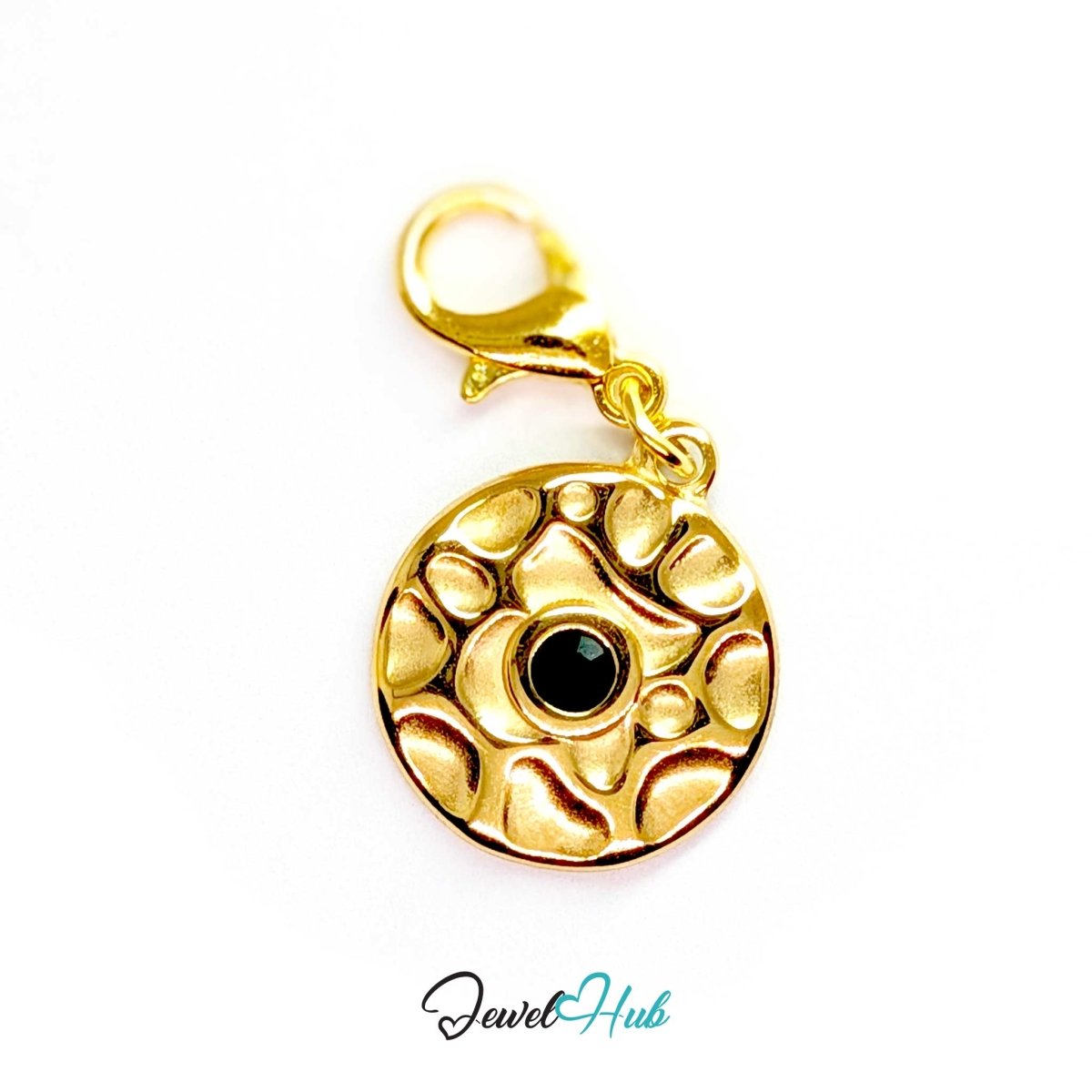 Hammered disc charm in gold stainless steel with a green stone - shown with the lobster clasp attached - JewelHub