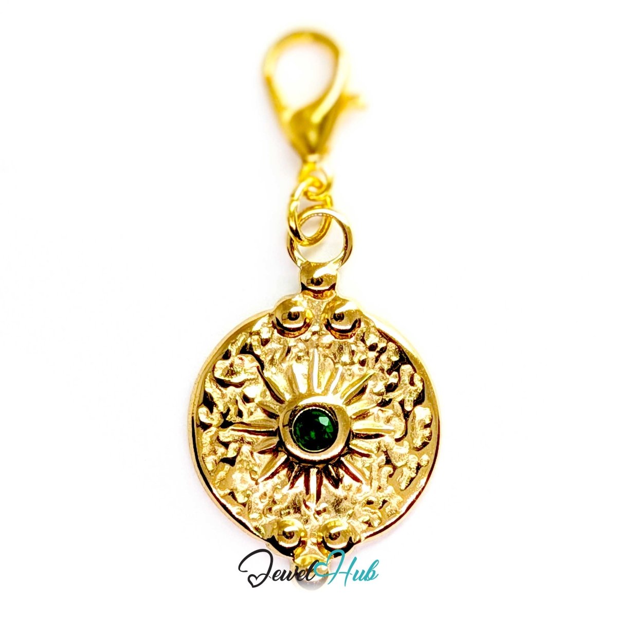 Rosette medallion charm in gold stainless steel with a green gem - shown with the lobster clasp attached - JewelHub