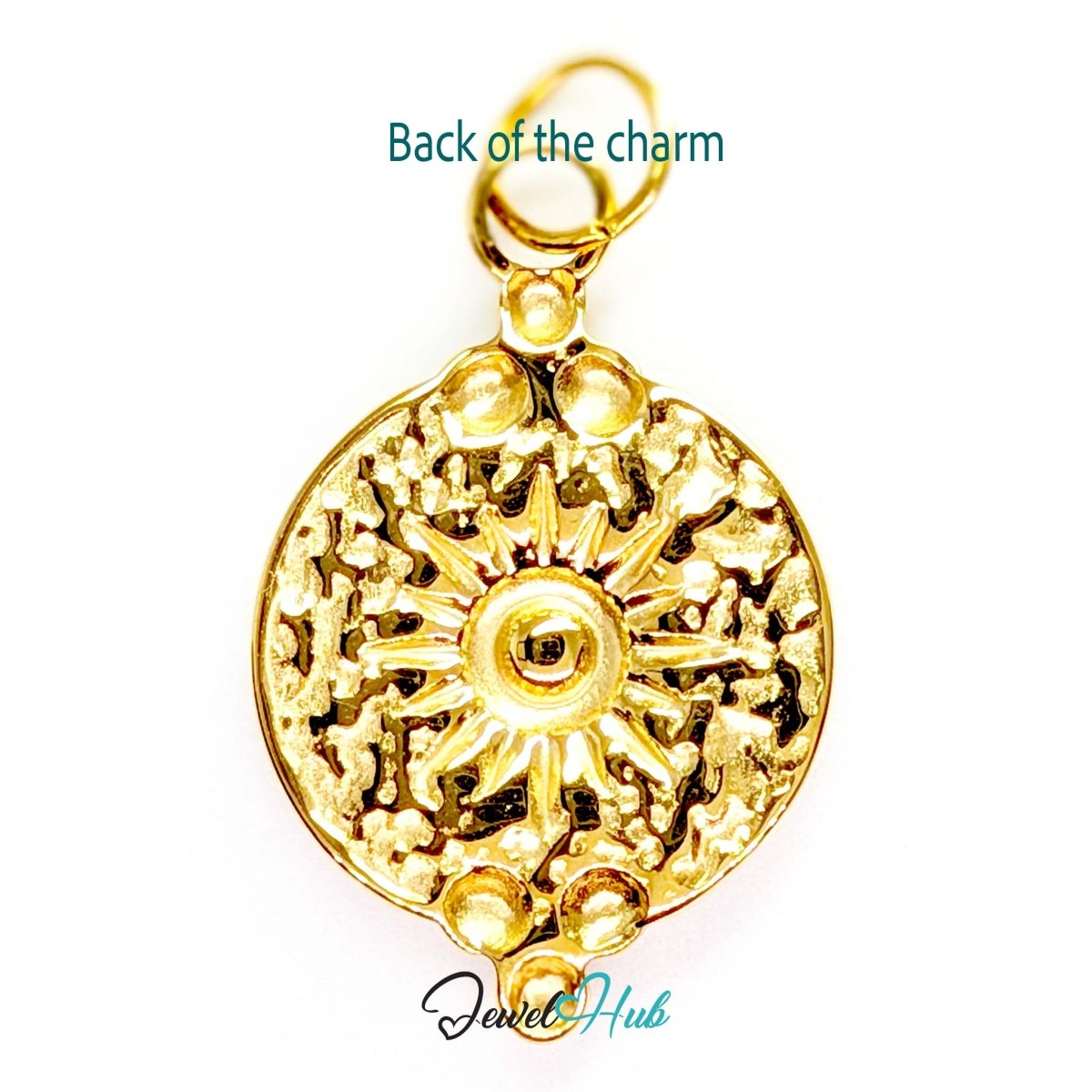 Rosette medallion charm in gold stainless steel with a green gem - reverse - JewelHub