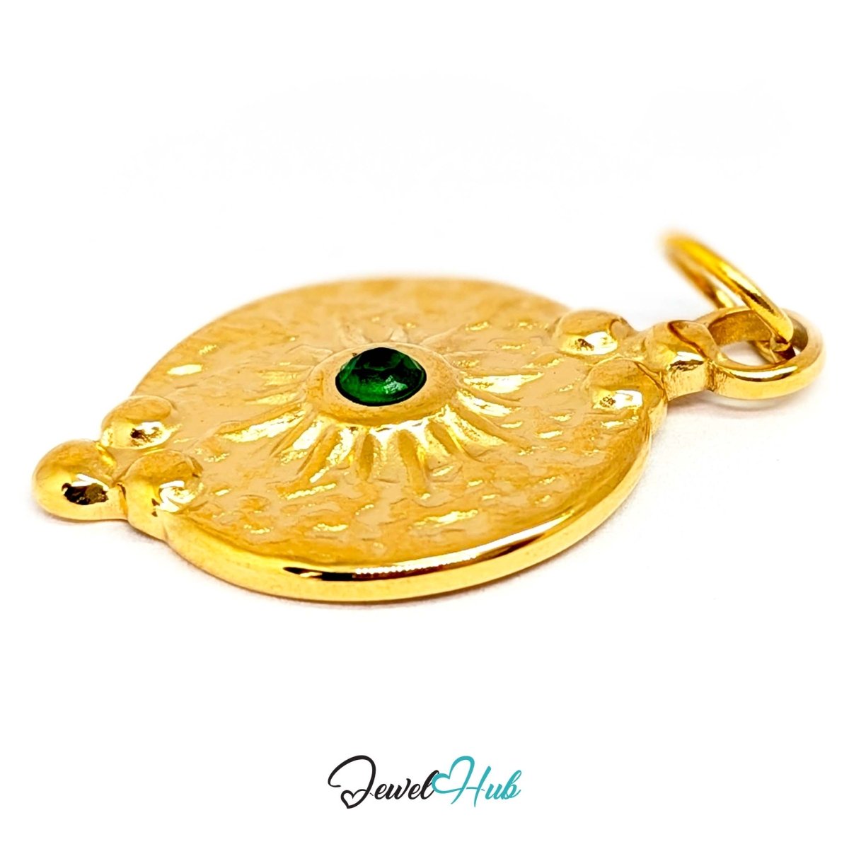 Rosette medallion charm in gold stainless steel with a green gem - angled view - JewelHub