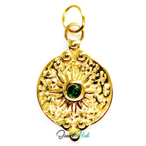 Rosette medallion charm in gold stainless steel with a green gem - front view - JewelHub