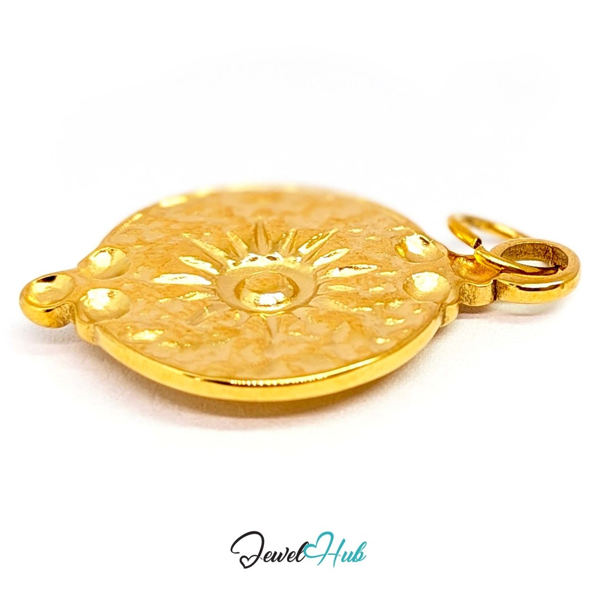 Rosette medallion charm in gold stainless steel with a green gem - turned to show depth - JewelHub