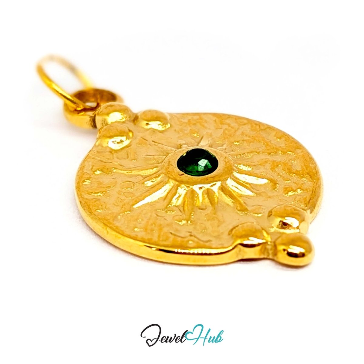 Rosette medallion charm in gold stainless steel with a green gem - three-quarter view - JewelHub