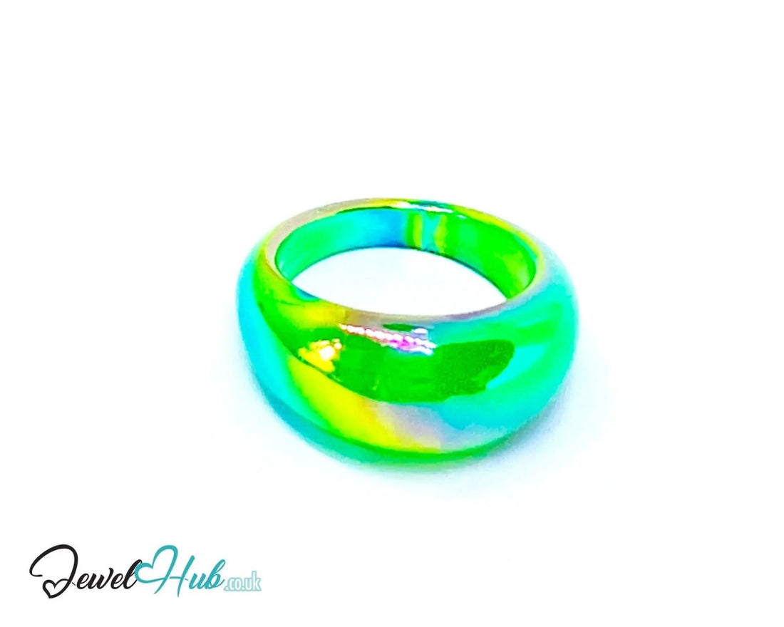 Green 🌿 Resin Ring (Iridescent) UK P · US 7.5 · Gloss Sculptural Band - JewelHub.co.uk