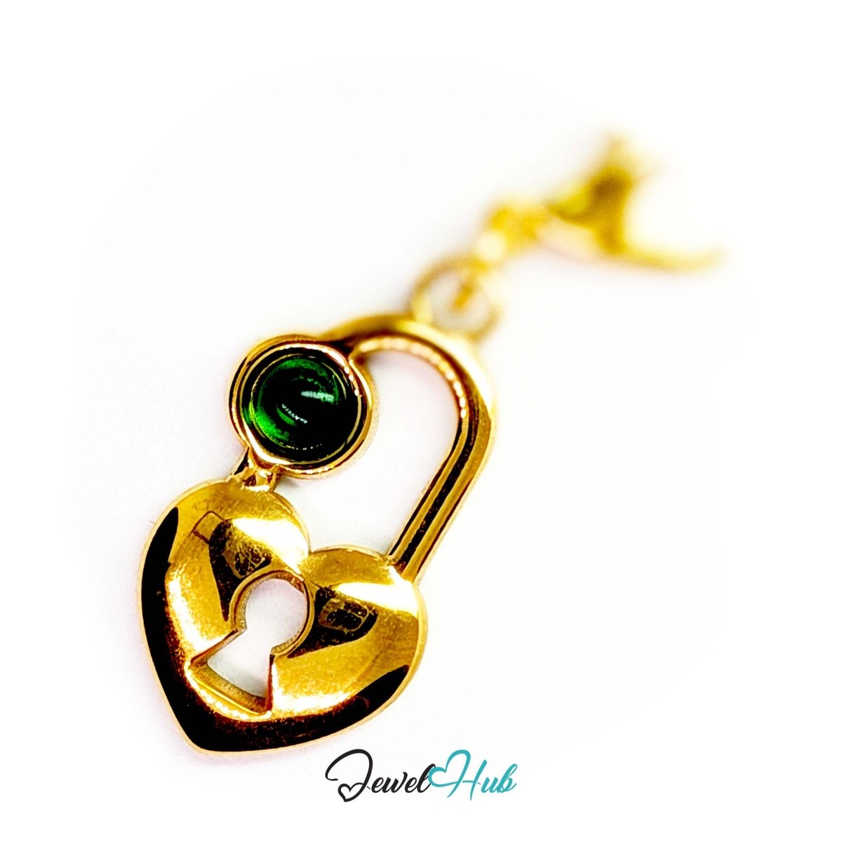 Green stone heart lock charm in gold stainless steel - shown with the lobster clasp attached - JewelHub
