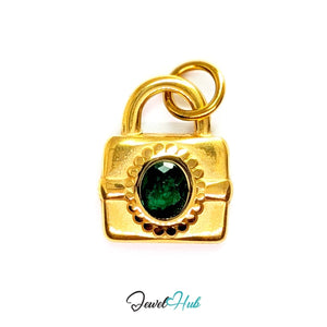 Green stone padlock charm in gold stainless steel - front view - JewelHub