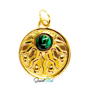 Sun and stars charm in gold stainless steel with a green stone - front view - JewelHub