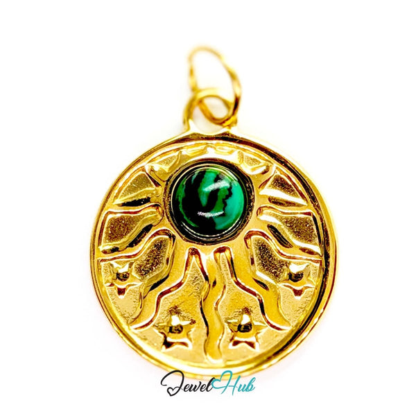 Sun and stars charm in gold stainless steel with a green stone - front view - JewelHub