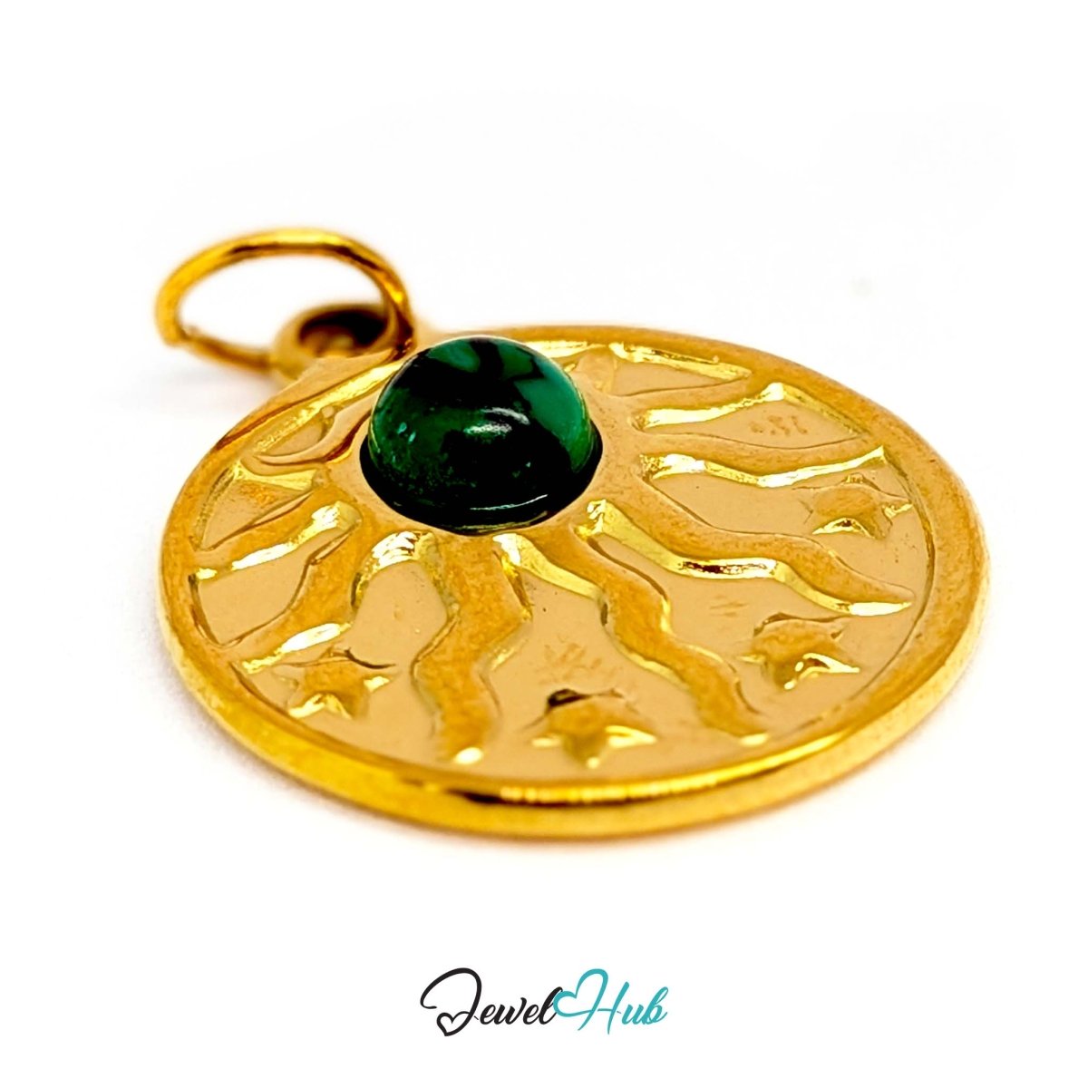Sun and stars charm in gold stainless steel with a green stone - three-quarter view - JewelHub