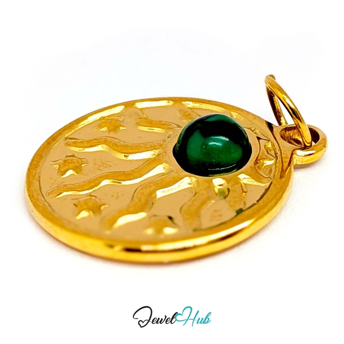 Sun and stars charm in gold stainless steel with a green stone - angled view - JewelHub