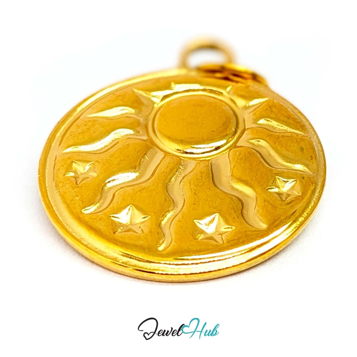 Sun and stars charm in gold stainless steel with a green stone - turned to show depth - JewelHub