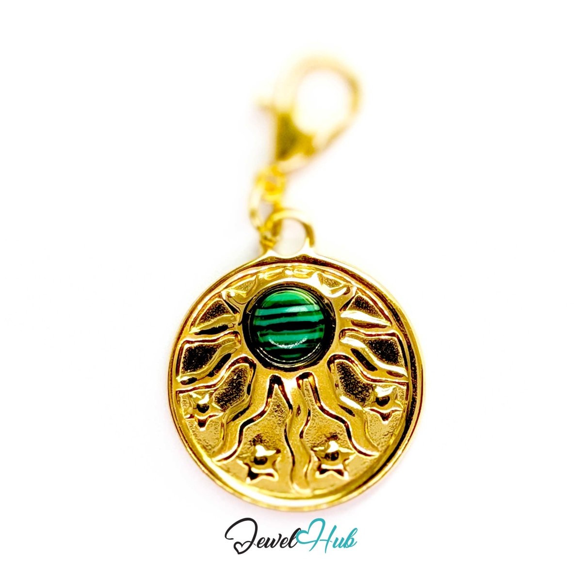 Sun and stars charm in gold stainless steel with a green stone - shown with the lobster clasp attached - JewelHub