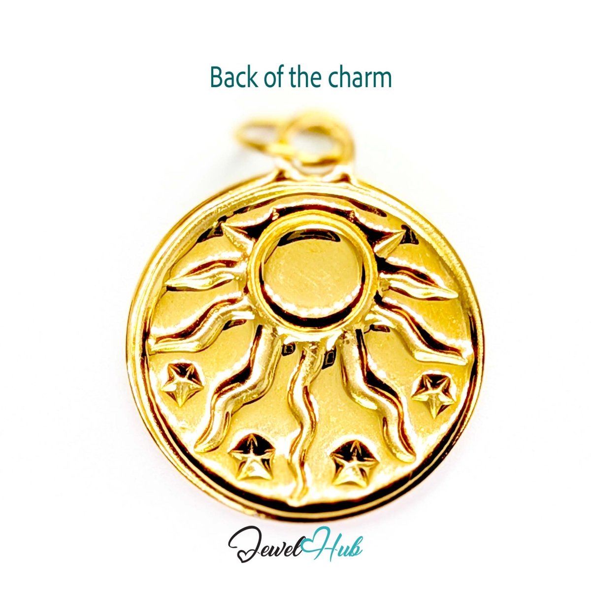 Sun and stars charm in gold stainless steel with a green stone - reverse - JewelHub