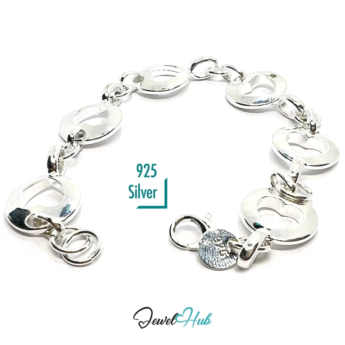 Heart Cutout 925 Silver Bracelet | Polished Link Design with Lobster Clasp - JewelHub.co.uk