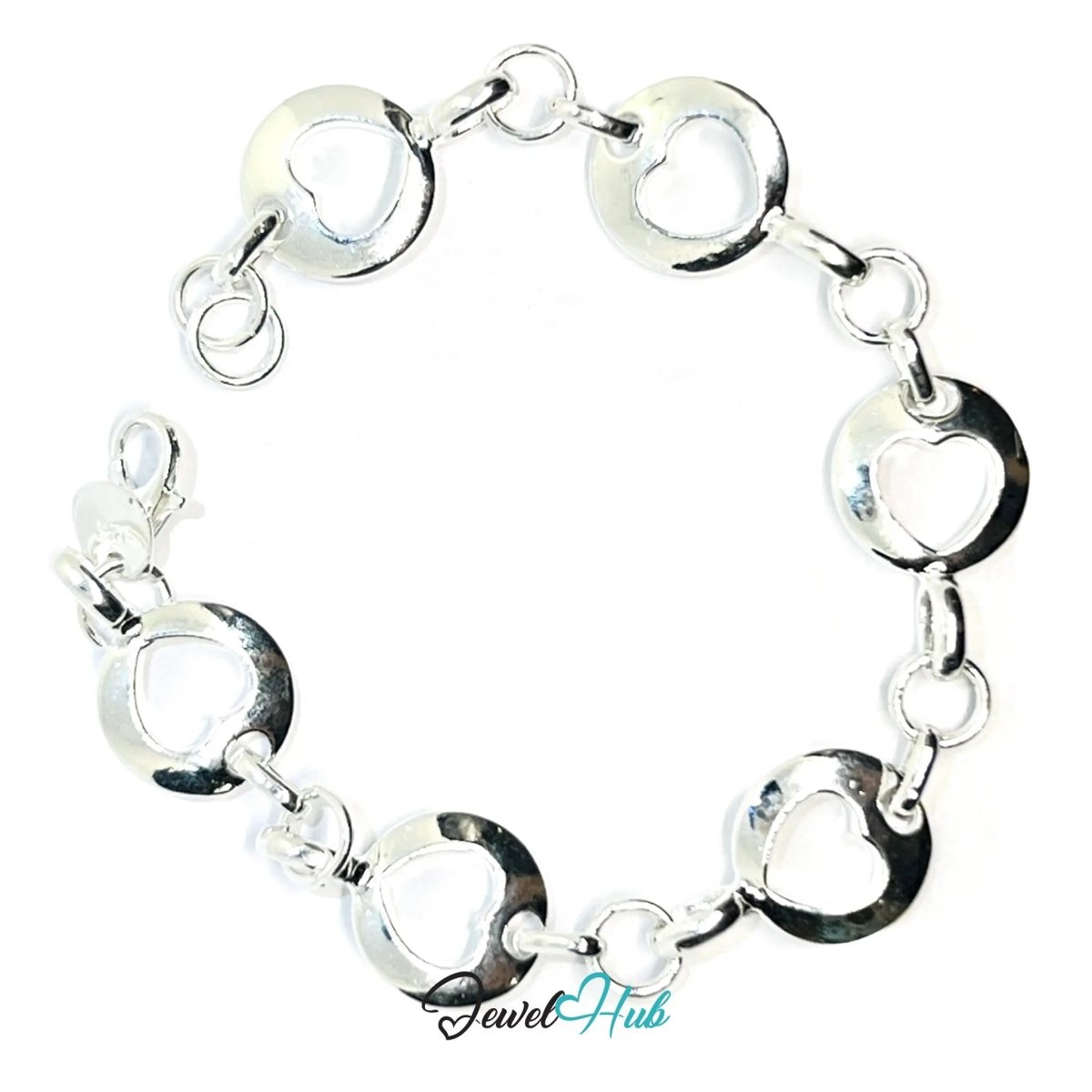 Heart Cutout 925 Silver Bracelet | Polished Link Design with Lobster Clasp - JewelHub.co.uk