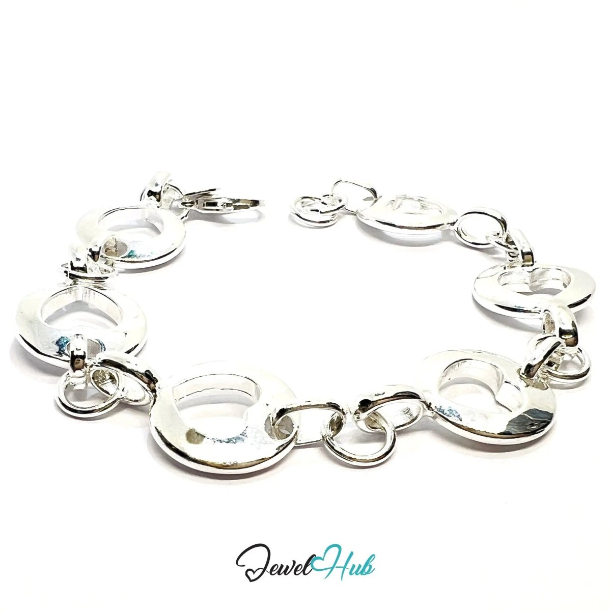 Heart Cutout 925 Silver Bracelet | Polished Link Design with Lobster Clasp - JewelHub.co.uk
