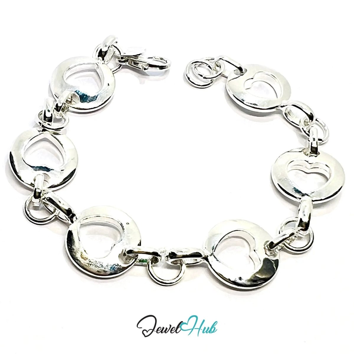 Heart Cutout 925 Silver Bracelet | Polished Link Design with Lobster Clasp - JewelHub.co.uk