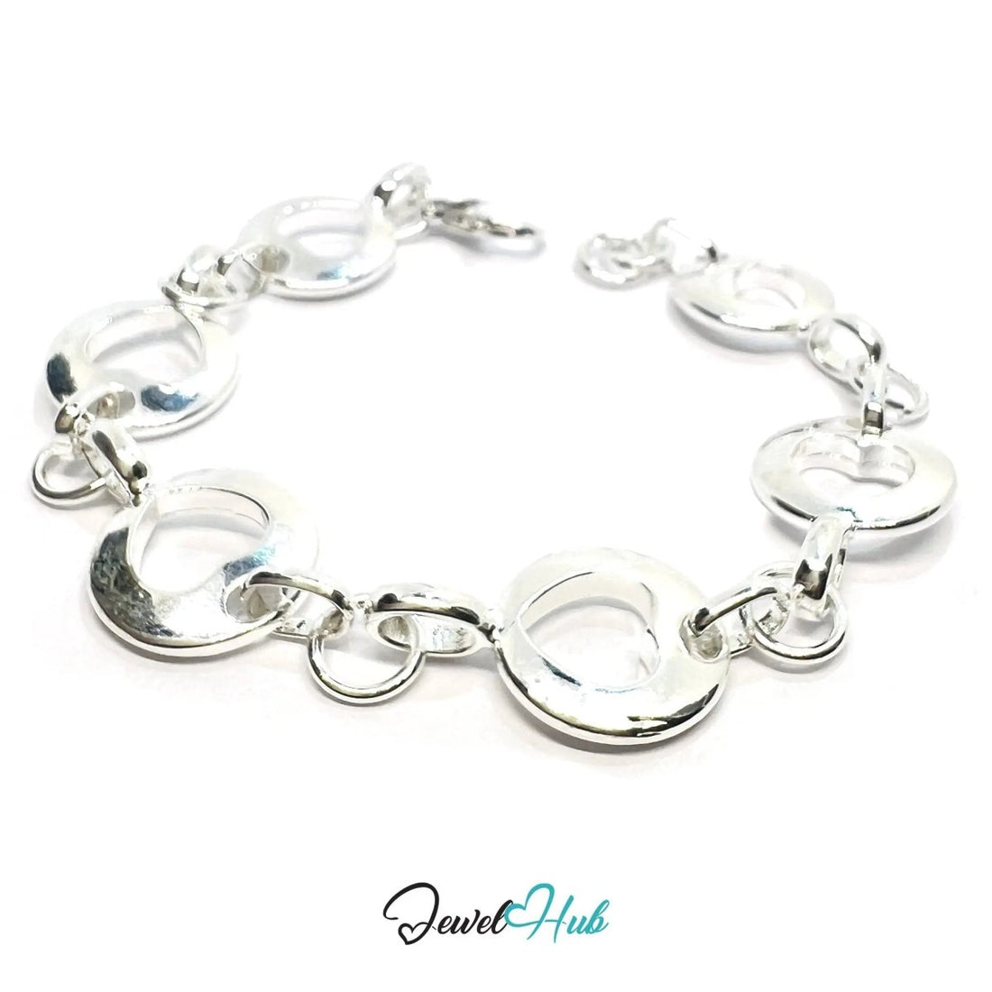Heart Cutout 925 Silver Bracelet | Polished Link Design with Lobster Clasp - JewelHub.co.uk