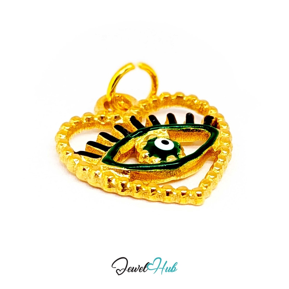 Green Hollow Evil Eye charm at an angle, gold stainless steel with enamel - the eye inside its beaded frame - JewelHub