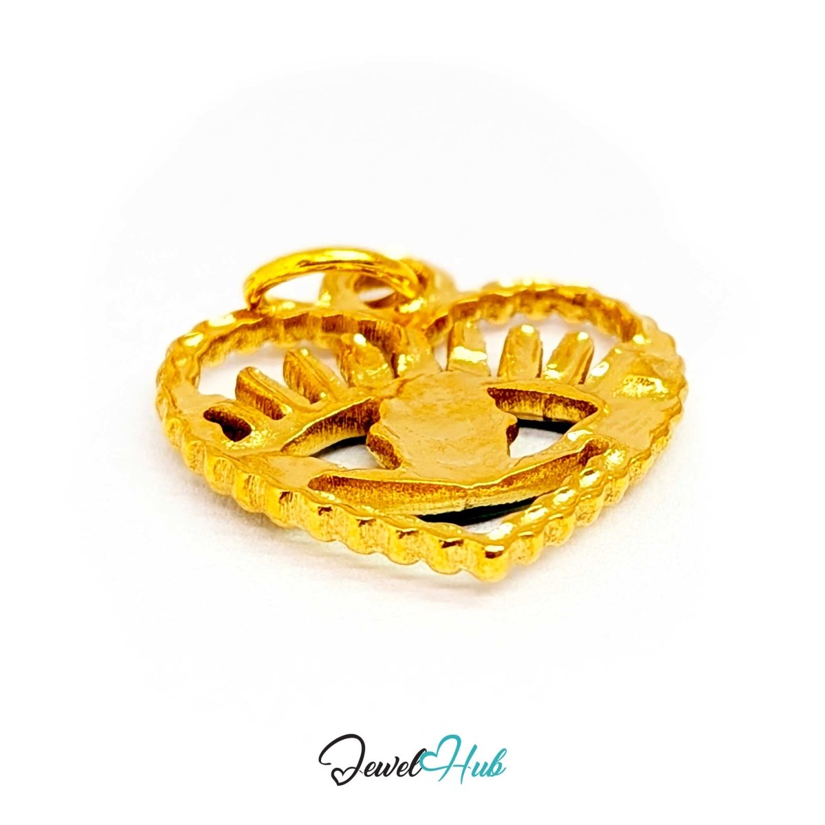 Green Hollow Evil Eye charm, gold stainless steel with enamel - turned to the open gold frame from behind - JewelHub