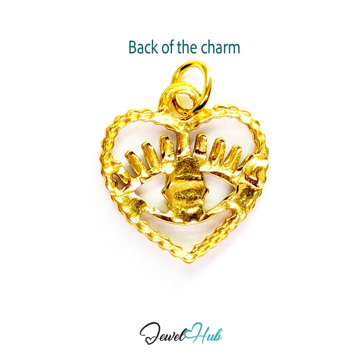 Back of the Green Hollow Evil Eye charm, gold stainless steel with enamel - open gold frame with the eye behind - JewelHub