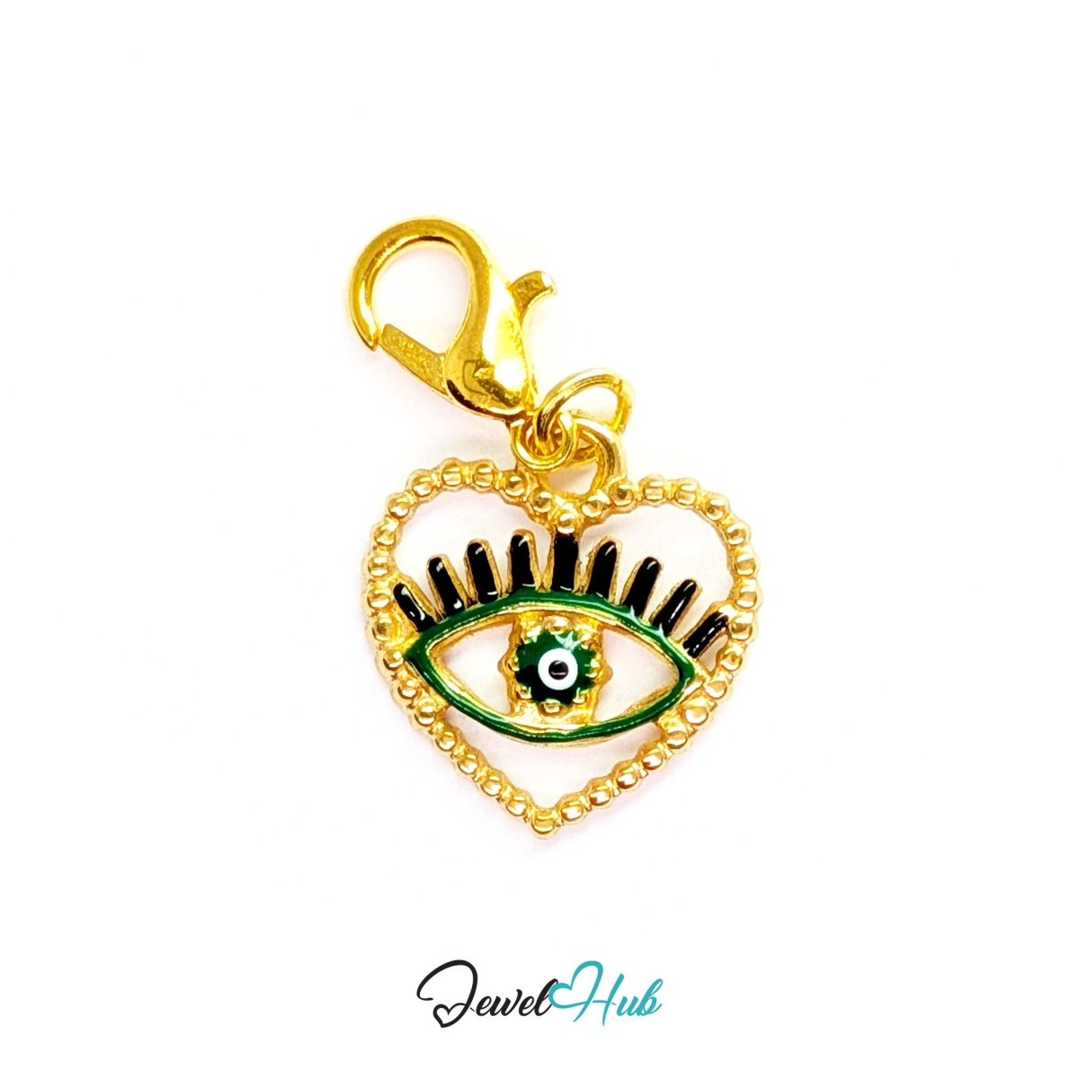 Green Hollow Evil Eye charm, gold stainless steel with enamel, fitted with a lobster clasp to clip straight on - JewelHub