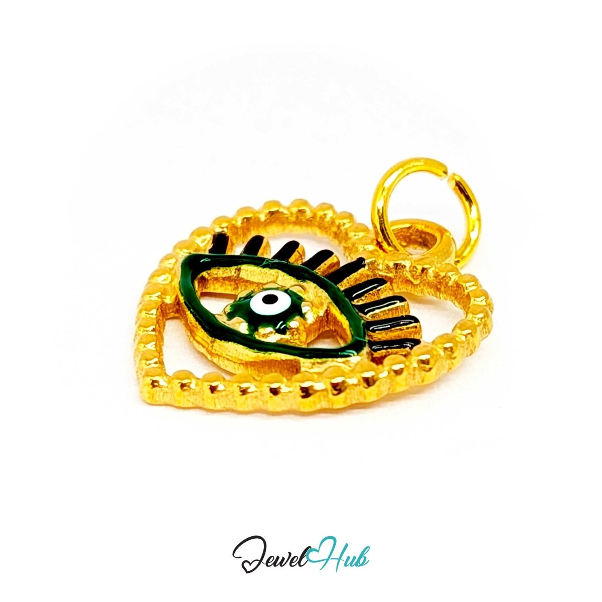 Green Hollow Evil Eye charm tilted, gold stainless steel with enamel - the eye inside its beaded frame - JewelHub