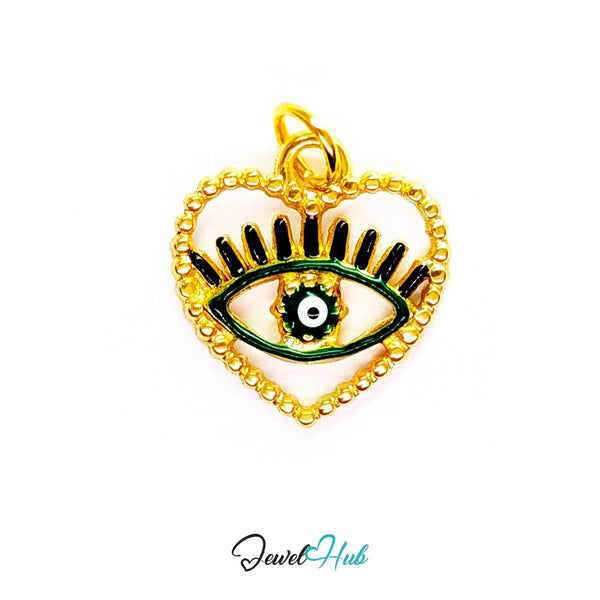 Green Hollow Evil Eye charm, gold stainless steel with enamel - open gold heart holding a single eye - JewelHub
