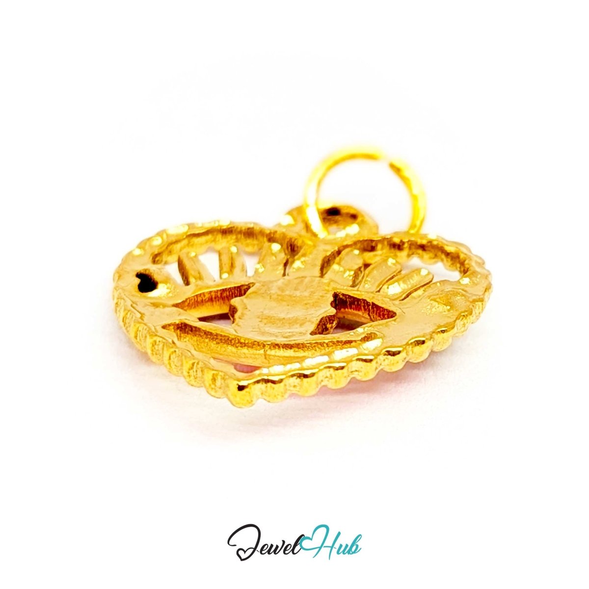Pink Hollow Evil Eye charm, gold stainless steel with enamel - turned to the open gold frame from behind - JewelHub