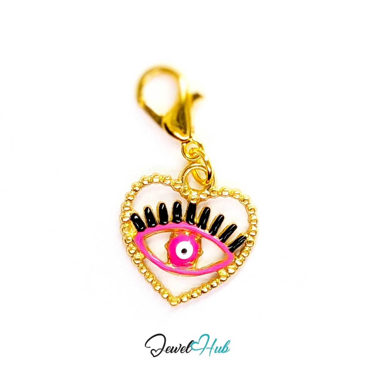 Pink Hollow Evil Eye charm, gold stainless steel with enamel, fitted with a lobster clasp to clip straight on - JewelHub