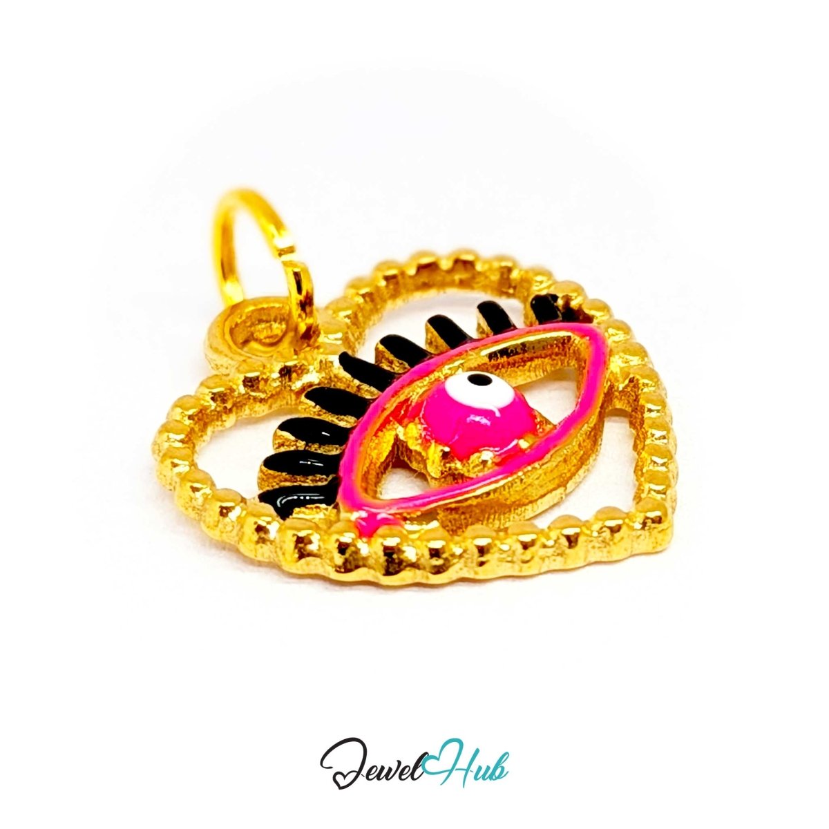 Pink Hollow Evil Eye charm tilted, gold stainless steel with enamel - the eye inside its beaded frame - JewelHub