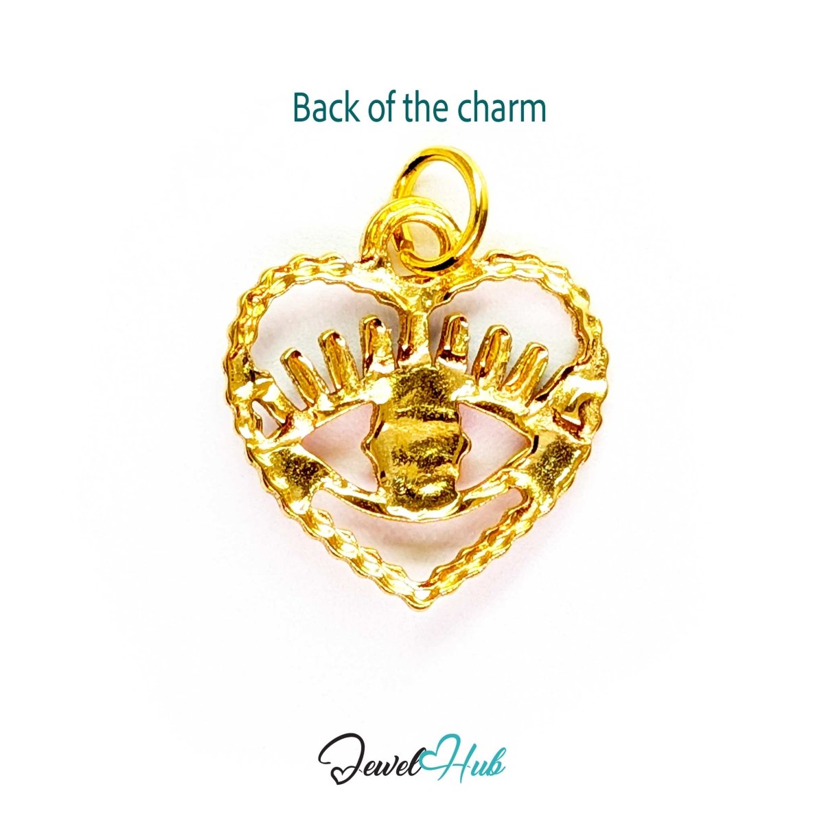 Back of the Pink Hollow Evil Eye charm, gold stainless steel with enamel - open gold frame with the eye behind - JewelHub