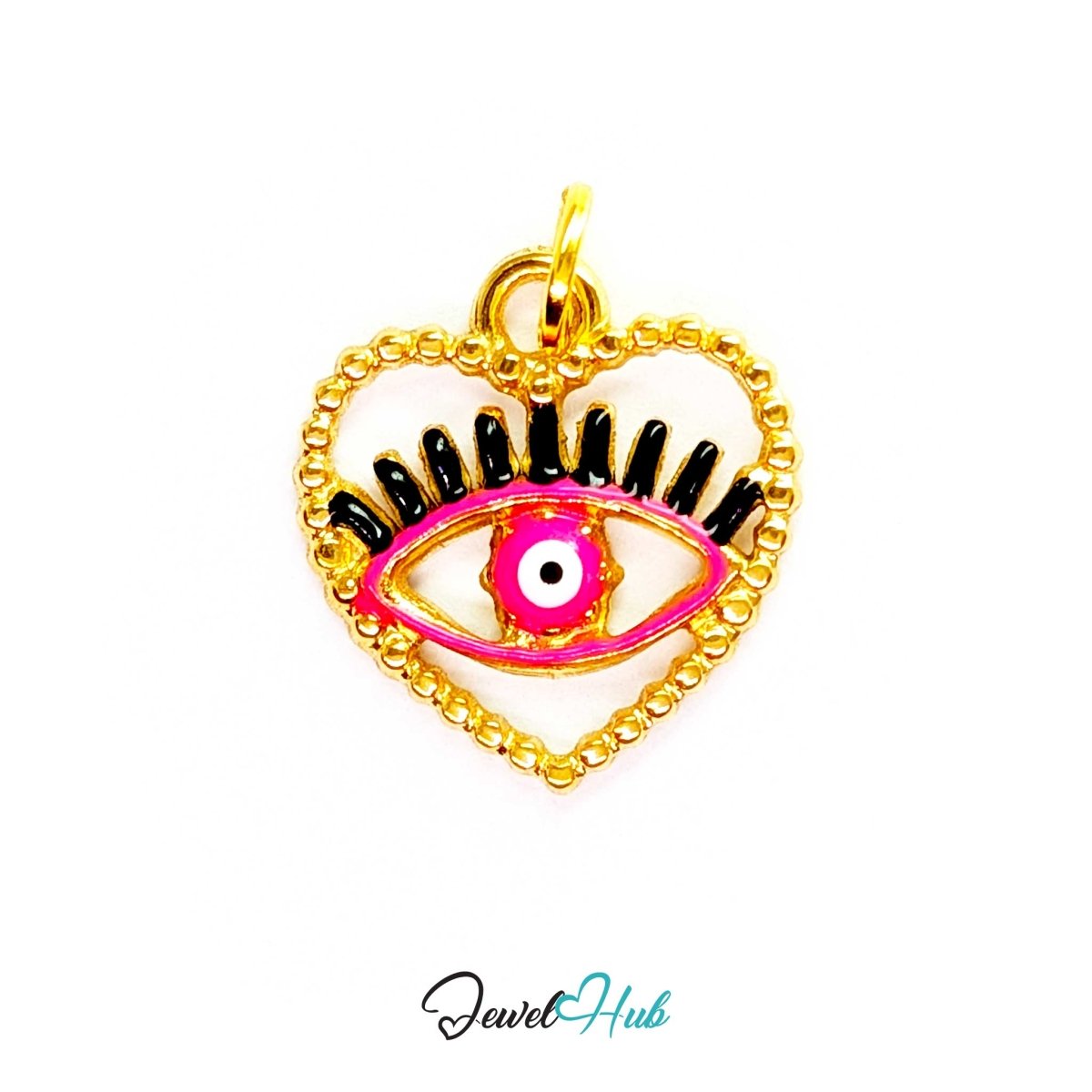 Pink Hollow Evil Eye charm, gold stainless steel with enamel - open gold heart holding a single eye - JewelHub
