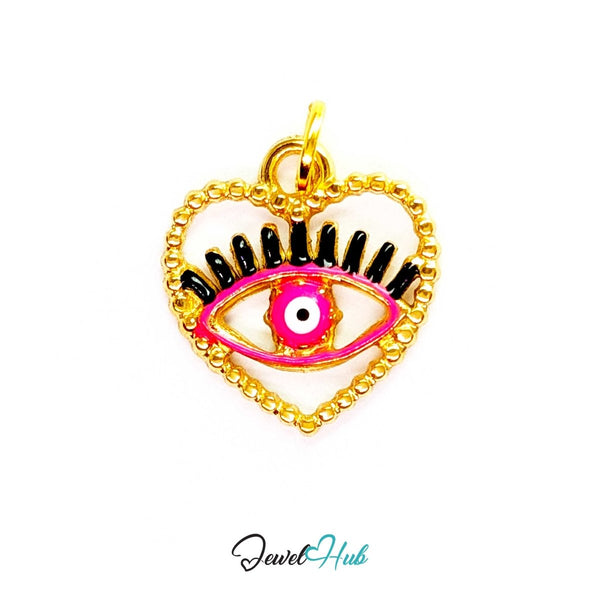 Pink Hollow Evil Eye charm, gold stainless steel with enamel - open gold heart holding a single eye - JewelHub