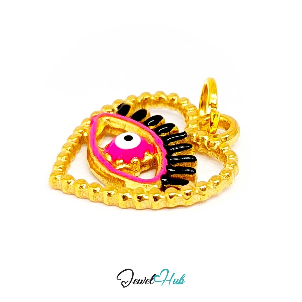 Pink Hollow Evil Eye charm at an angle, gold stainless steel with enamel - the eye inside its beaded frame - JewelHub