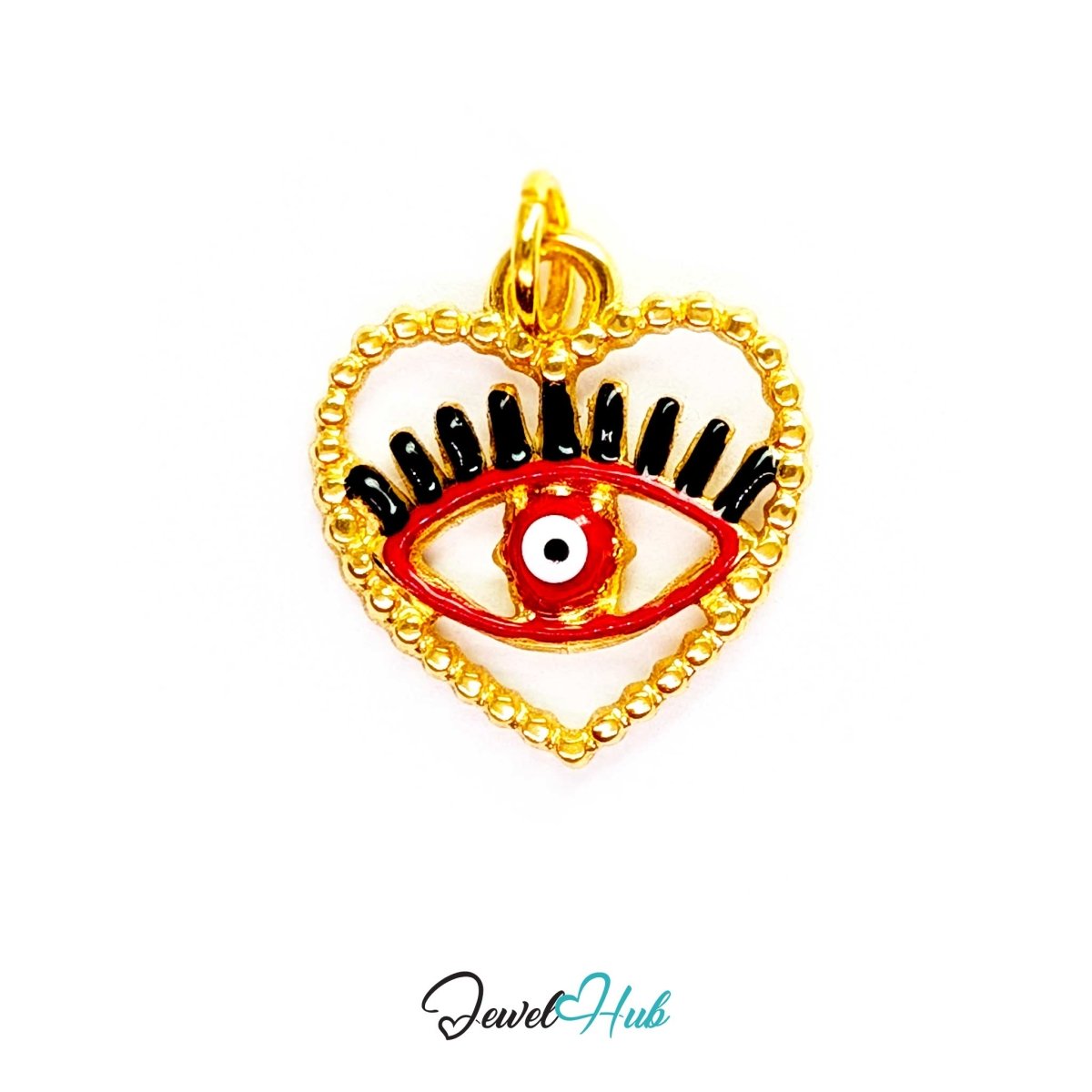 Red Hollow Evil Eye charm, gold stainless steel with enamel - open gold heart holding a single eye - JewelHub