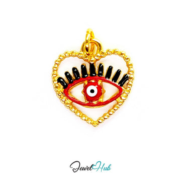 Red Hollow Evil Eye charm, gold stainless steel with enamel - open gold heart holding a single eye - JewelHub